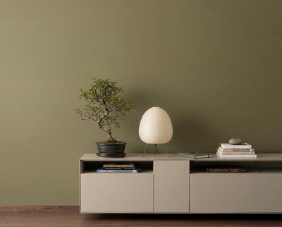 Raumansicht mit Wand in re-box Wandfarbe Matcha Bloom No. 9 – lebendiges Matcha-Grün