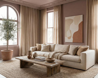 Wohnzimmer mit Wand in re-box Wandfarbe Muted Rose No. 29 – gedämpftes Rosé