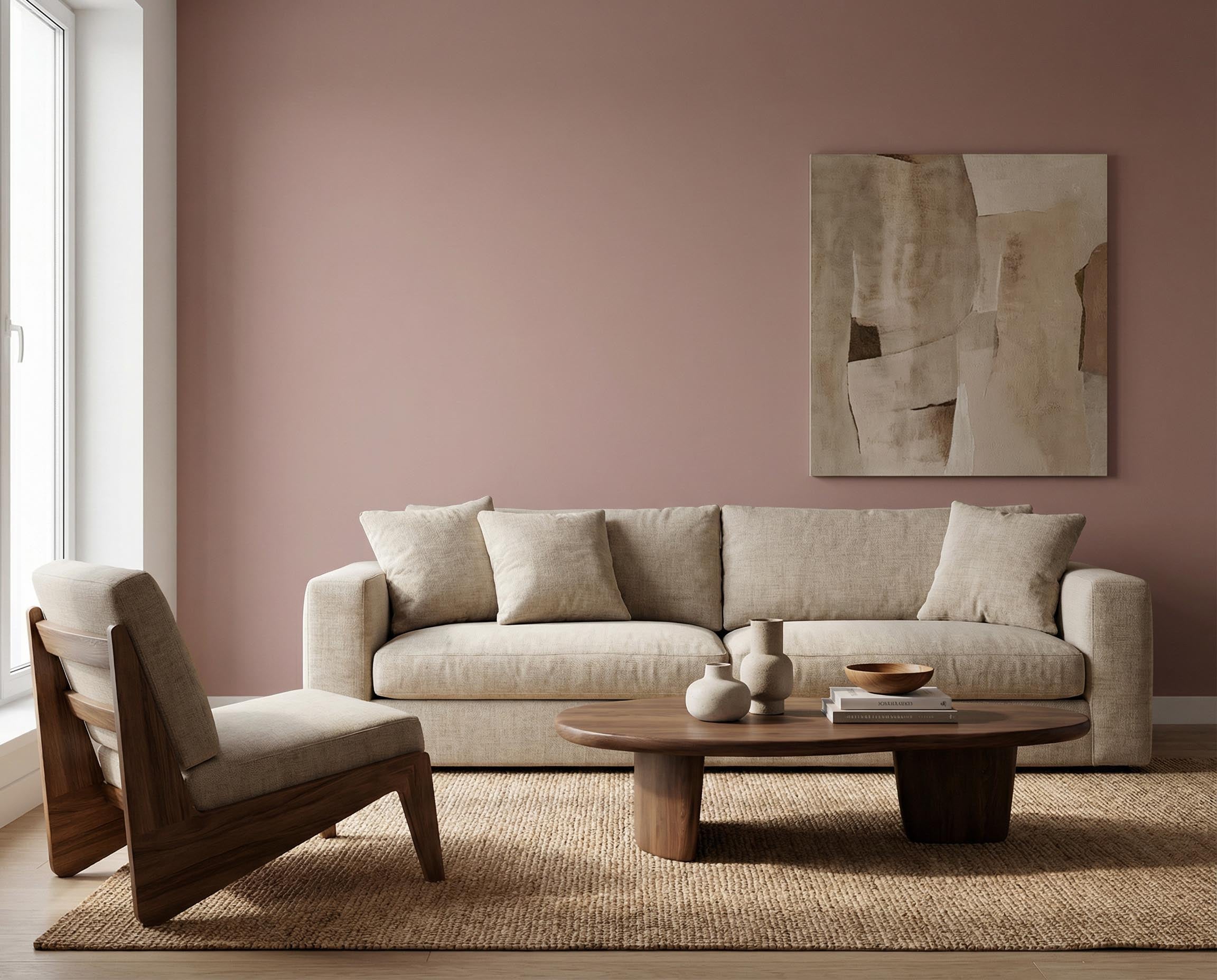 Wohnzimmer mit Akzentwand in re-box Wandfarbe Muted Rose No. 29 – gedämpftes Rosé