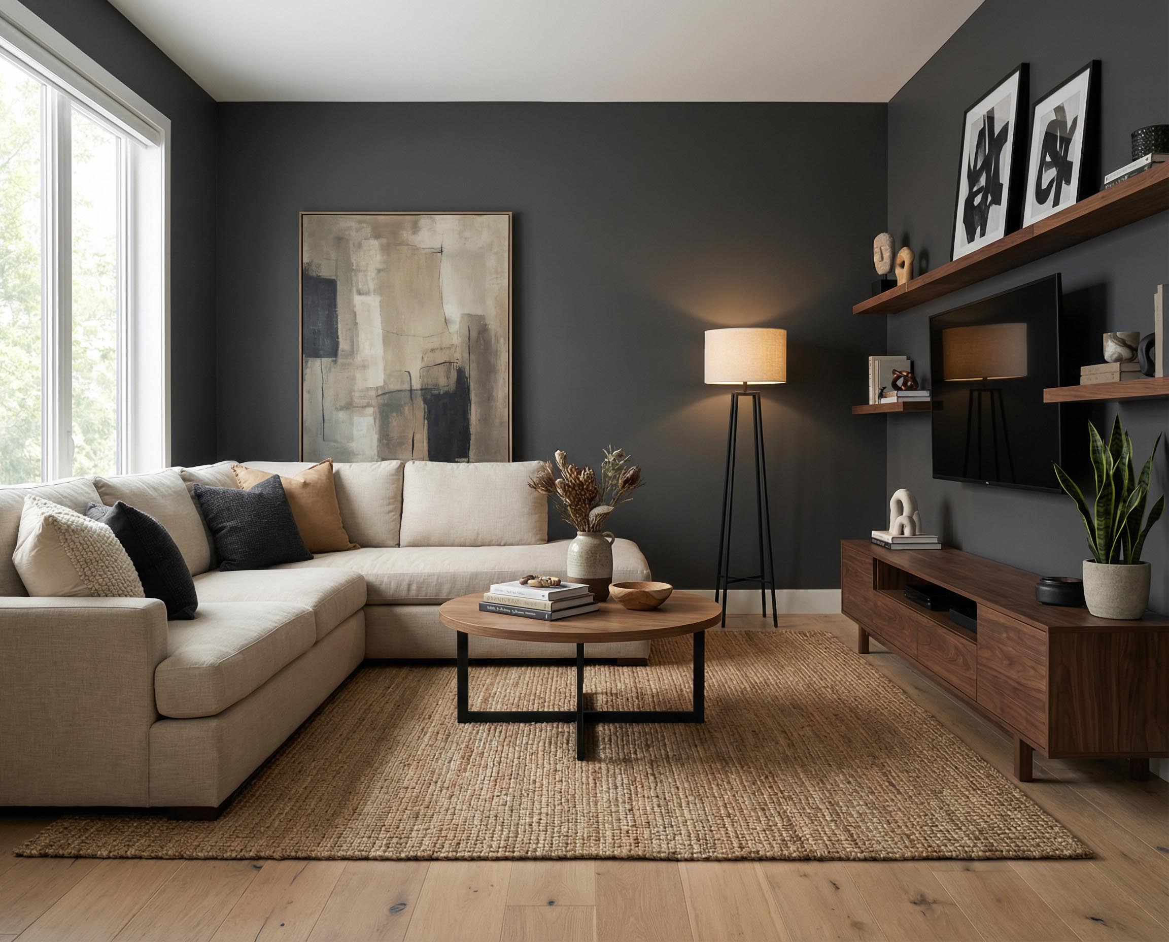 Wohnzimmer mit Wand in re-box Wandfarbe Nuit de Cendre No. 48 – tiefes Anthrazit-Schwarz
