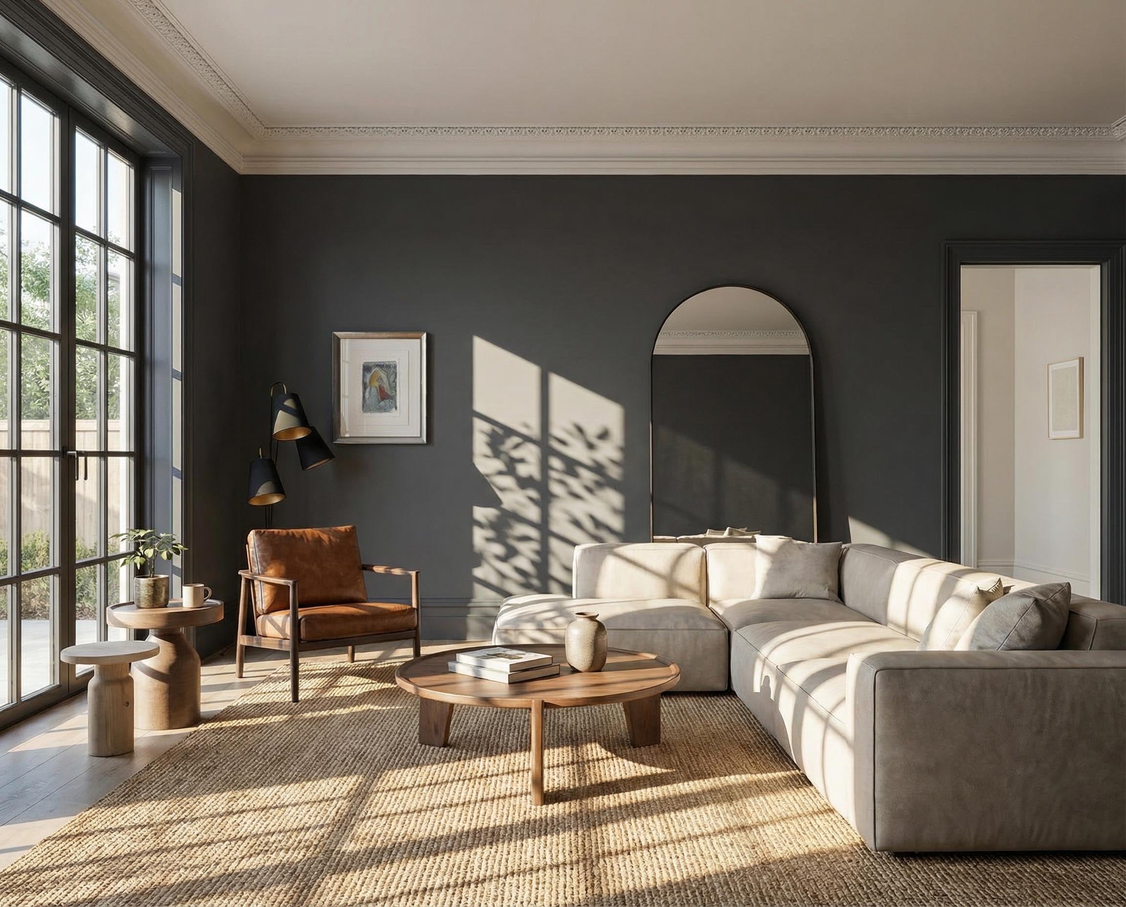 Wohnzimmer mit gestrichener Wand in re-box Wandfarbe Nuit de Cendre No. 48 – tiefes Anthrazit-Schwarz