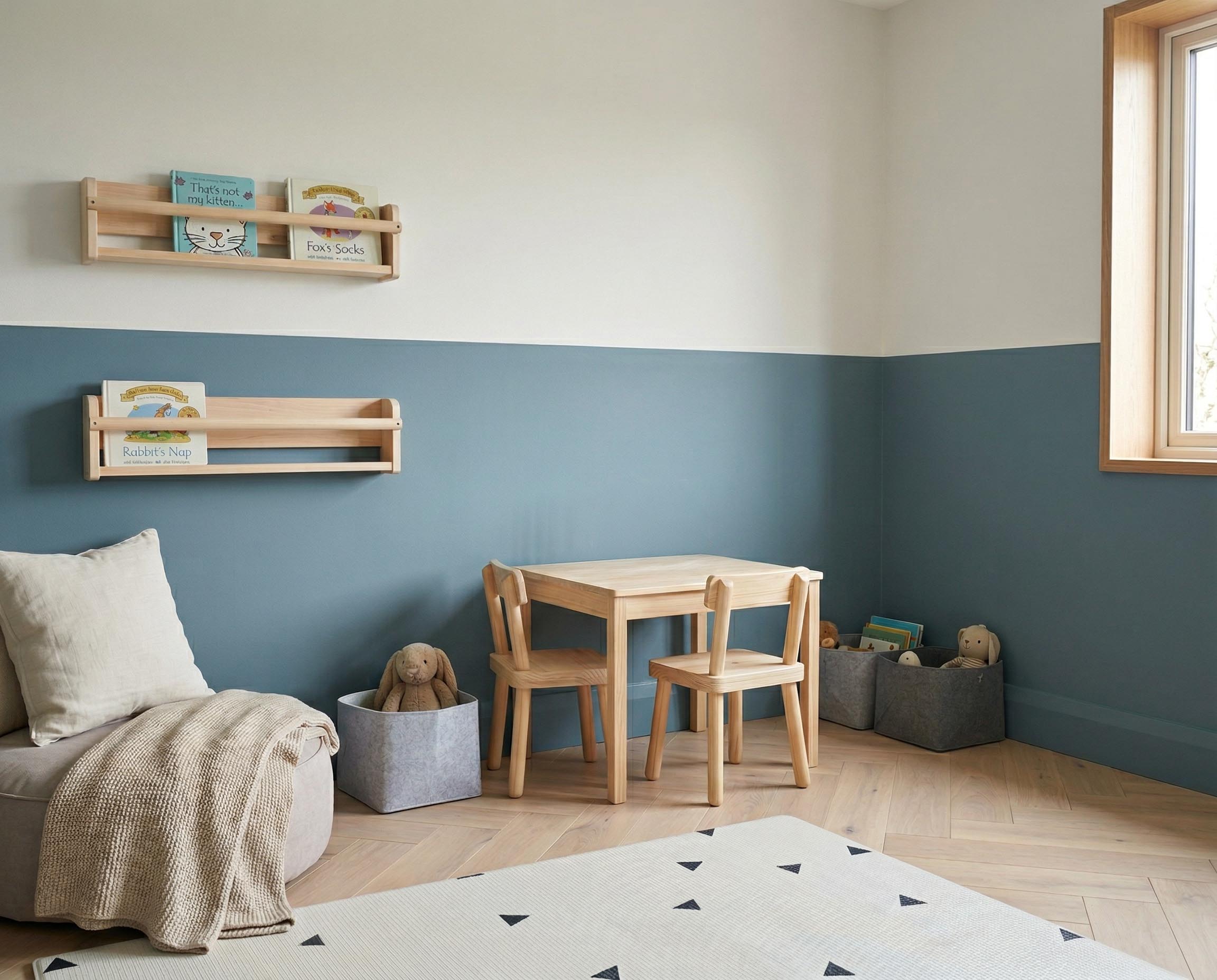 Kinderzimmer mit Wand in re-box Wandfarbe Océan Nuit No. 65 – tiefes Ozeanblau