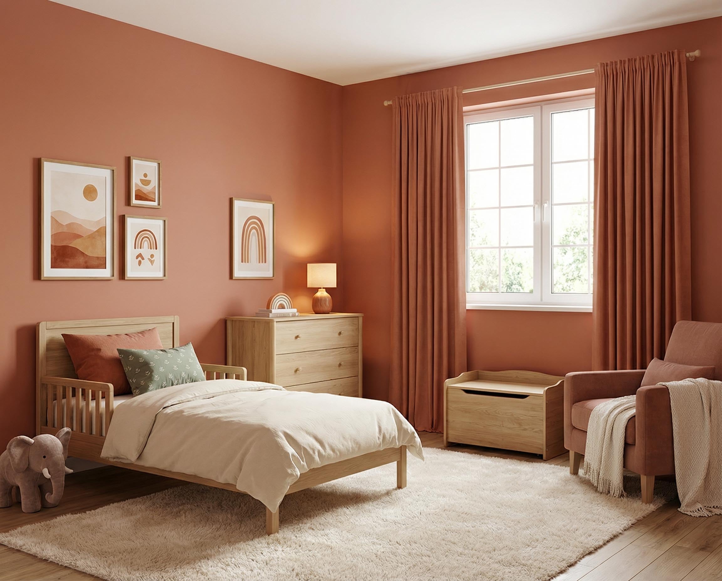 Kinderzimmer mit Wand in re-box Wandfarbe Ochre Flame No. 23 – intensives Ockerorange