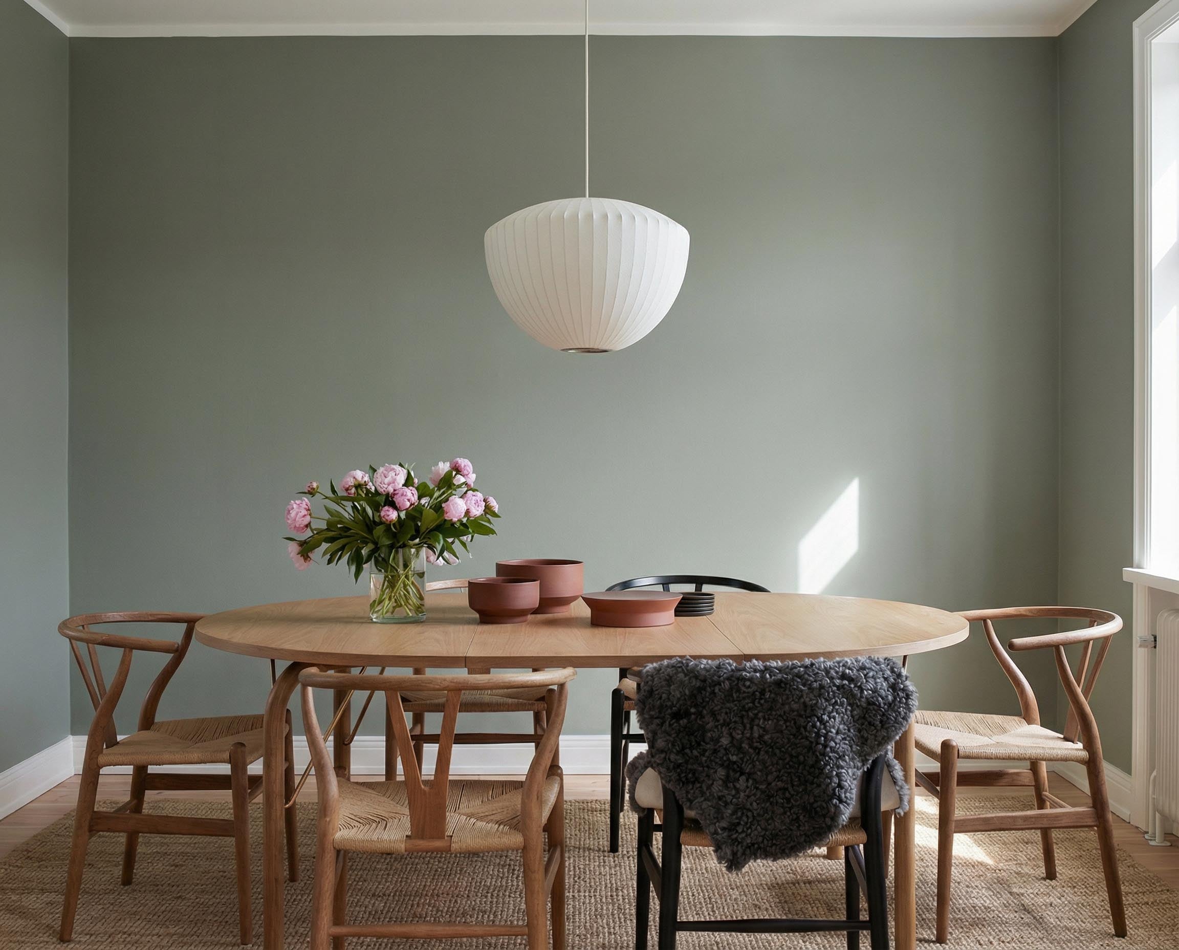 Esszimmer mit Wand in re-box Wandfarbe Olive Drift No. 7 – erdiges Olivgrün