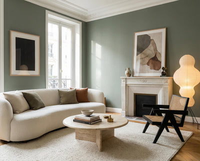 Wohnzimmer mit Wand in re-box Wandfarbe Olive Drift No. 7 – erdiges Olivgrün