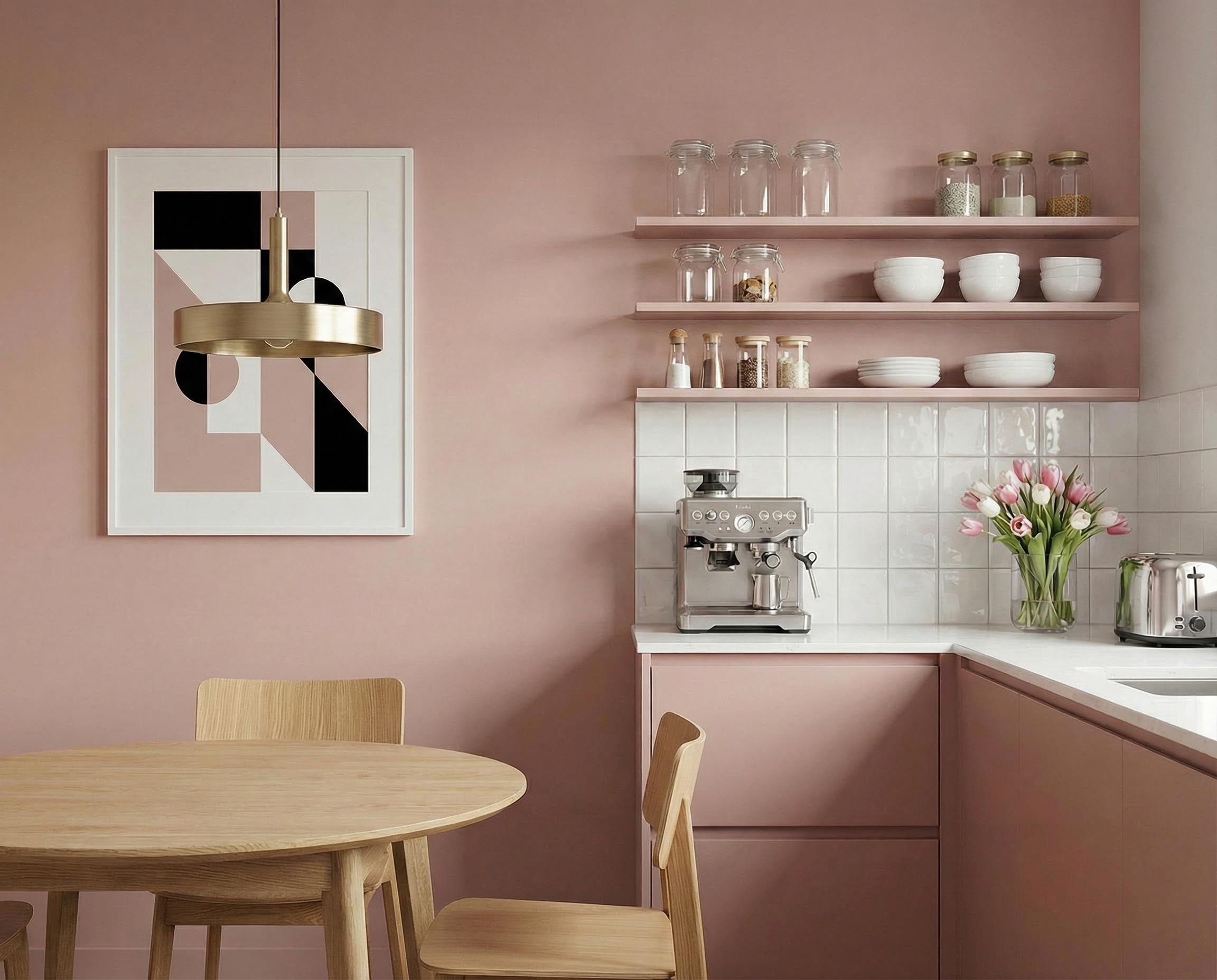 Küche mit Wand in re-box Wandfarbe Rose Ash No. 13 – zartes Rosé