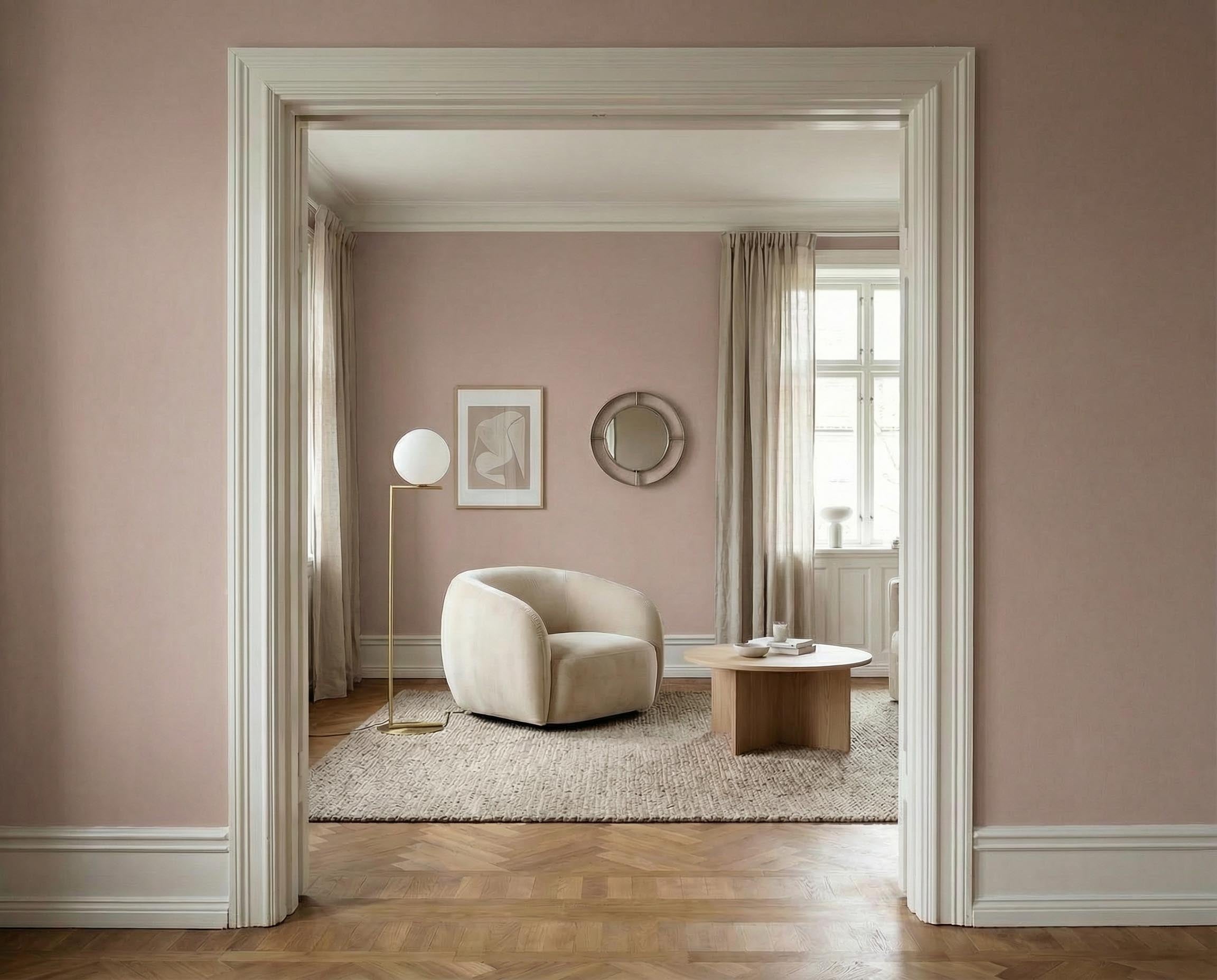 Wohnzimmer mit Wand in re-box Wandfarbe Rose Ash No. 13 – zartes Rosé
