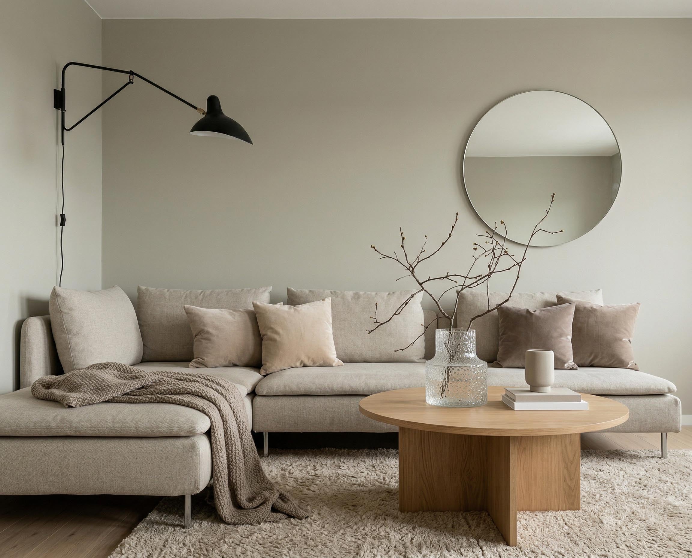 Wohnzimmer mit Wand in re-box Wandfarbe Wisp No. 4 – sanftes Grau