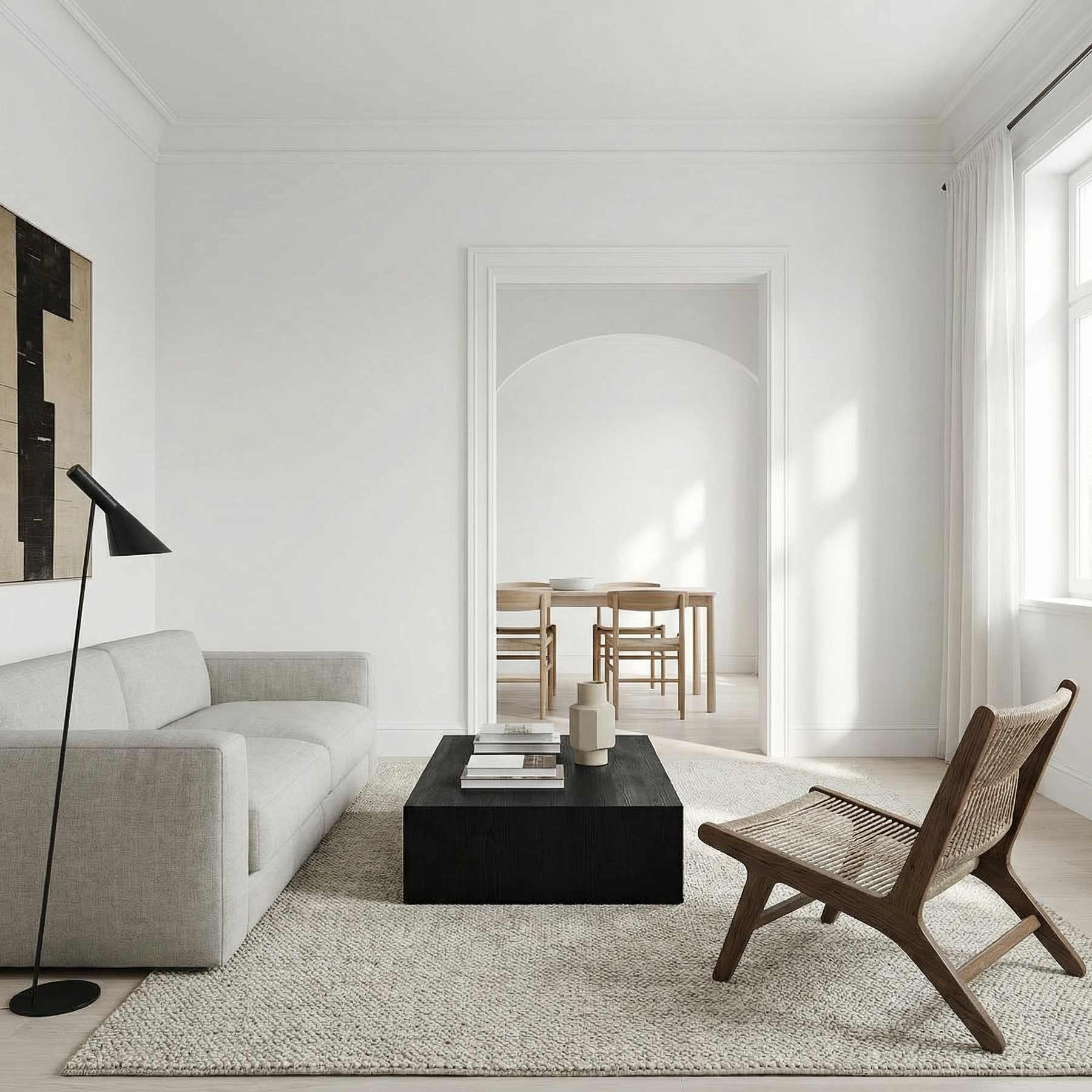 re-box wandfarbe weiss no 9 wohnzimmer minimalistisch helle wandfarbe premium farbkonzept skandinavisches design moderne innenraumgestaltung neutraler wohnraum hochwertige innenrenovierung helles interior design holzboden wohnbereich