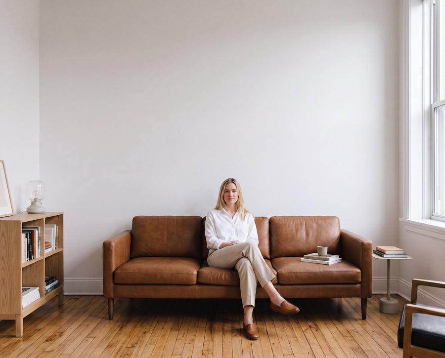 Weiße Wandfarbe von re-box – helles Wohnzimmer mit weiß gestrichener Wand und Ledersofa